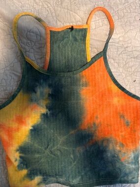 Tie-Dye Ribbed Cropped Tank Top - Orange, Yellow, Blue